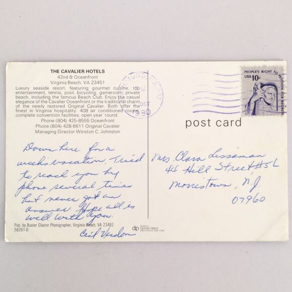 Vintage The Cavalier Hotels Virginia Beach Postcard 1980 Oceanfront Aerial View - Picture 2 of 2